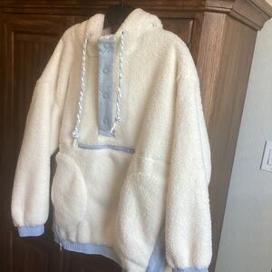 Altar'd State Blue and White Teddy Jacket Plush Cozy Outerwear